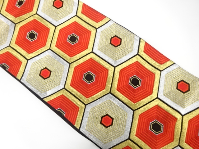 アンティーク　重ね亀甲模様織り出し袋帯（着用可）